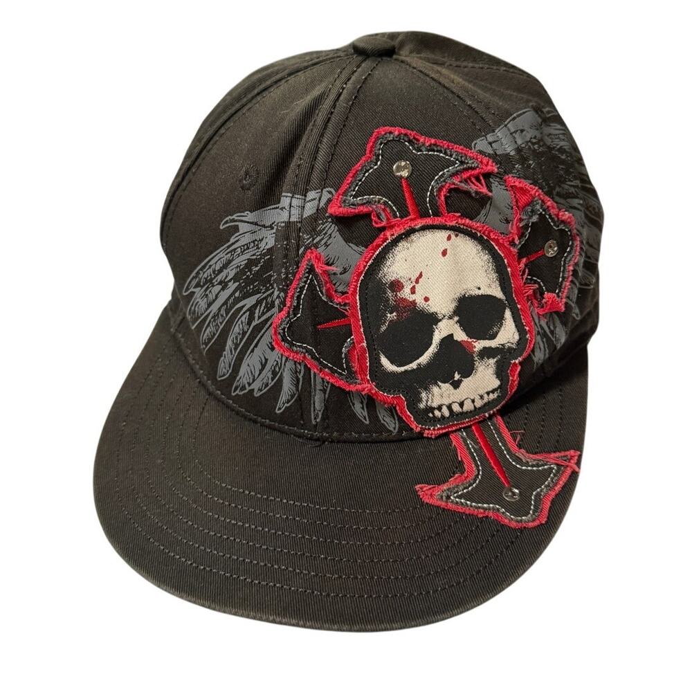 Vintage Rare Granule Grunge Skater Y2K Streetwear Skull Cross Black Fitted Hat